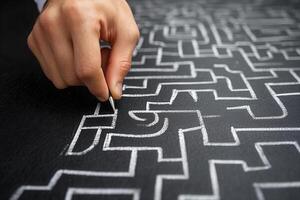 Hand drawing a complex maze design on a blackboard with chalk in a creative workspace photo