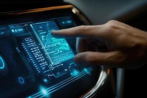 Futuristic touchscreen interface being operated by a hand in a modern vehicle interior photo
