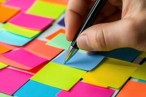 Hand writing on colorful sticky notes arranged in a creative pattern on a desk photo
