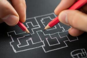Hands holding red pencils sketching a maze on black paper, showcasing creativity and design photo