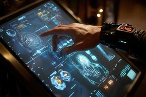 Futuristic hand interacting with a holographic display in a tech-filled environment photo