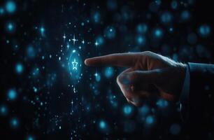 Futuristic hand reaching towards glowing digital interface with blue particles in background photo