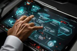 Futuristic touchscreen interface being navigated by a hand in a high-tech environment photo