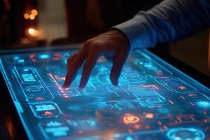 Futuristic touchscreen interface interaction with glowing graphics in a dimly lit room photo