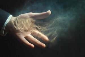 Mysterious hand emitting smoke in a dark setting, suggesting magic or transformation photo