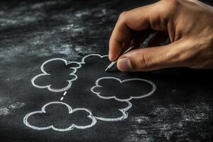 Hand drawing clouds on a chalkboard with a pen, creating a whimsical scene photo