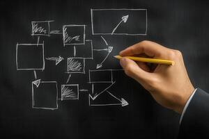 Hand drawing flowchart on a chalkboard, illustrating processes and connections in business photo
