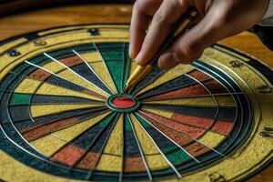 Hand drawing on a dartboard with vibrant colors, showcasing precision and focus in a cozy setting photo