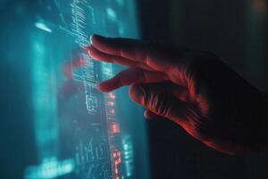 Human hand interacting with a futuristic holographic display in a dark, tech-inspired setting photo
