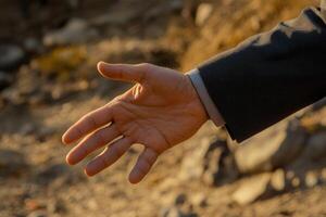 Outstretched hand in a suit reaching towards a blurred background of nature photo