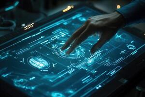 Futuristic hand interacting with a holographic touchscreen displaying data in a tech lab photo