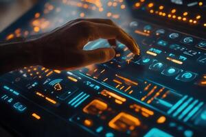 Hand interacting with a futuristic control panel, glowing buttons and screens in a dark room photo