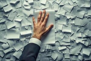 Hand pressing down on scattered papers, symbolizing organization amidst chaos in an office photo