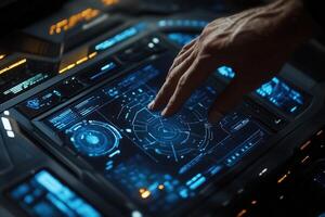 Futuristic interface interaction with a hand on a glowing control panel in a tech setting photo