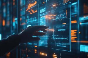 Futuristic interface interaction with data visualization in a high-tech environment photo