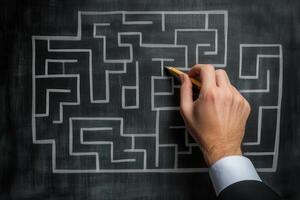 Hand drawing a complex maze on a chalkboard, showcasing problem-solving in a classroom photo