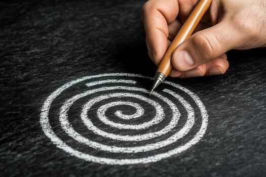 Hand drawing a spiral pattern on a dark surface with a wooden pen, artistic creation photo