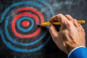 Hand drawing concentric circles with a yellow pen on a blackboard background photo
