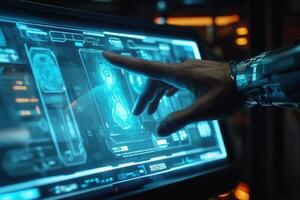 Futuristic interface interaction with a robotic hand in a high-tech environment photo