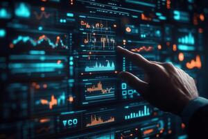 Futuristic interface with data visualizations and analytics, featuring a hand interacting with graphs photo