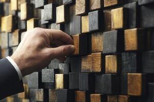 Hand adjusting wooden blocks on a textured wall, showcasing craftsmanship and design photo