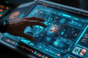 Futuristic touchscreen interface being operated by a hand in a high-tech environment photo