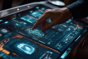Futuristic touchscreen interface being operated by a hand in a modern tech environment photo