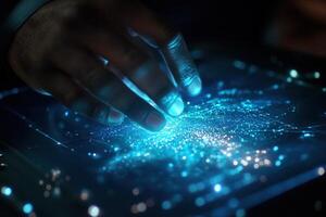 Futuristic hand interacting with glowing digital interface amidst a dark, tech-inspired background photo