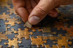 Hand placing a puzzle piece on a vintage-style jigsaw puzzle with intricate designs photo