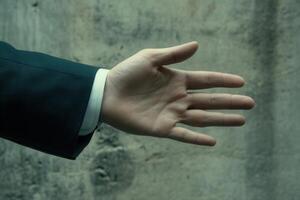 Outstretched hand in a formal suit against a textured wall, symbolizing invitation or agreement photo