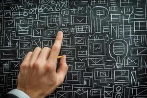 Hand pointing at various sketches and diagrams on a chalkboard in a creative workspace photo