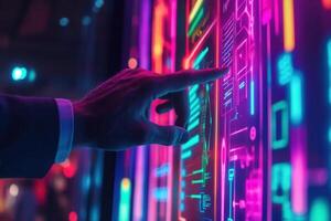 Futuristic hand interacting with a vibrant digital interface in a tech-savvy environment photo