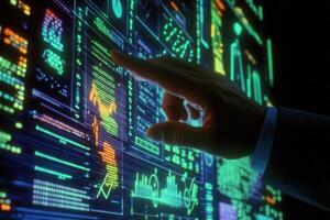 Futuristic hand interacting with a vibrant digital interface displaying data analytics photo