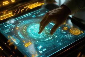 Futuristic interface interaction with a hand on a glowing touchscreen in a tech environment photo