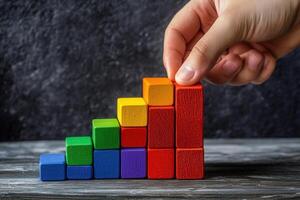 Hand arranging colorful building blocks in ascending order on a textured surface photo