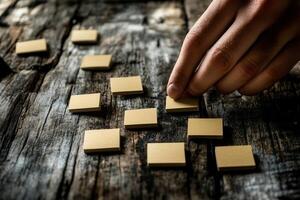 Hand arranging blank tiles on a rustic wooden table, creating a game setup in a cozy atmosphere photo