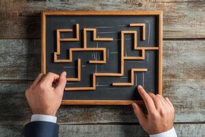 Hands navigating a wooden maze on a chalkboard against a rustic wood backdrop photo