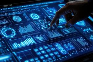 Futuristic touchscreen interface with data analytics, graphs, and user interaction in a tech setting photo