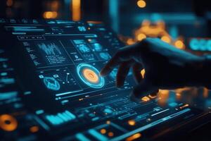 Futuristic interface interaction with glowing controls in a high-tech environment photo