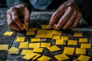 Hands arranging yellow sticky notes on a rustic wooden table in a creative workspace photo