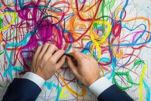 Hands untangling colorful threads on a chaotic background, symbolizing creativity and frustration photo