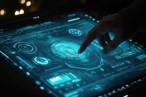 Futuristic touchscreen interface with a hand interacting in a dark, tech-inspired environment photo