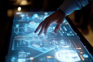 Person interacting with a futuristic touchscreen display showcasing digital designs and data photo