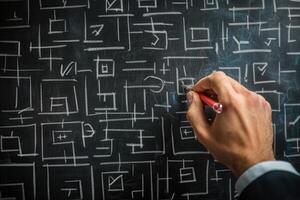 Hand drawing abstract geometric patterns on a chalkboard in a creative workspace photo