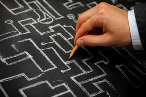 Hand drawing a complex maze on a chalkboard with a pencil, symbolizing problem-solving photo