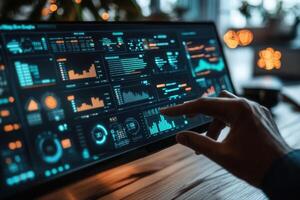 User interacting with data analytics dashboard in a modern workspace with ambient lighting photo