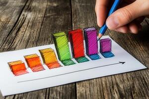 Hand drawing colorful bar graphs on paper, illustrating growth trends in a rustic setting photo