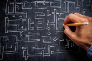 Hand drawing intricate maze patterns on a chalkboard, showcasing creativity and focus photo