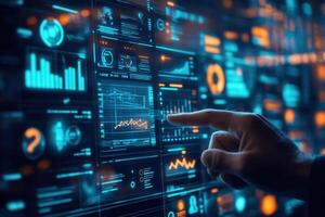Futuristic digital interface with graphs and data visualizations, user interacting in a tech space photo