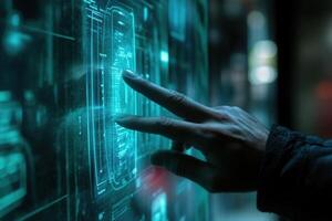 Futuristic hand interacting with a digital interface displaying glowing data in an urban setting photo